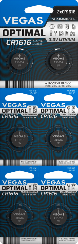Батарейка VEGAS OPTIMAL CR1616 блістер 6шт. Lithium