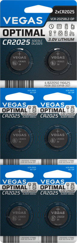 Батарейка VEGAS OPTIMAL CR2025 блістер 6шт. Lithium