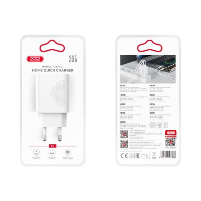 Зарядний пристрій мережевий L163 1USB-A, 1USB-С, White