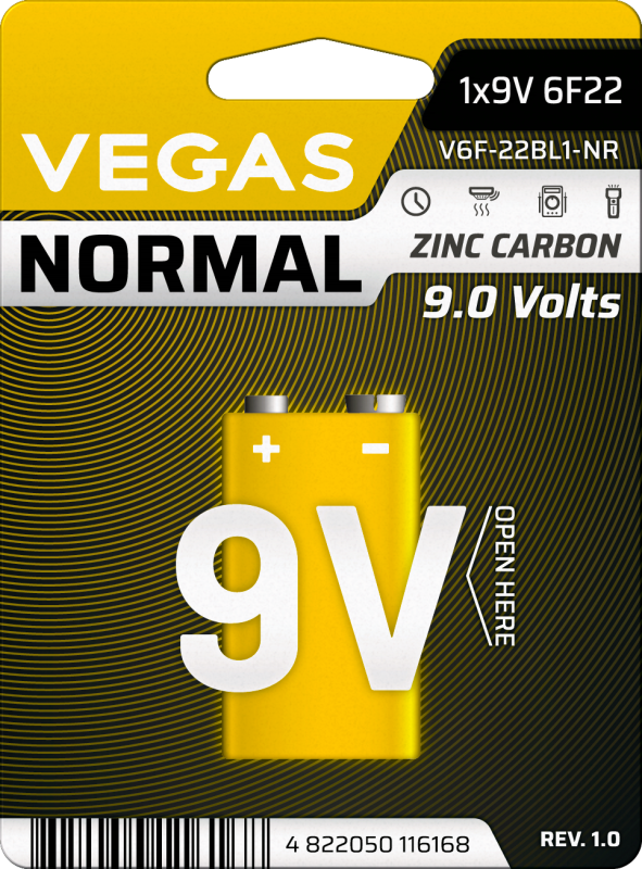 Батарейка VEGAS NORMAL 9V блістер 1шт. Zinc-Carbon