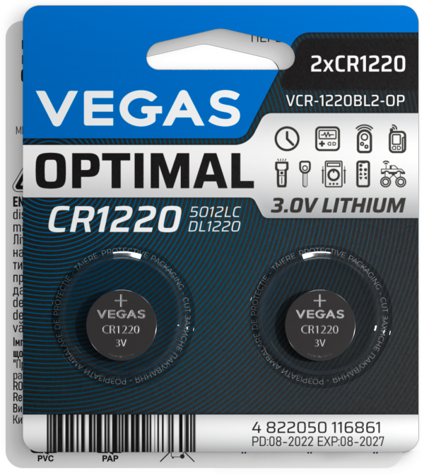 Батарейка VEGAS OPTIMAL CR1220 блістер 2шт. Lithium