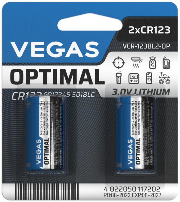 Батарейка VEGAS OPTIMAL CR123 блістер 2шт. Lithium