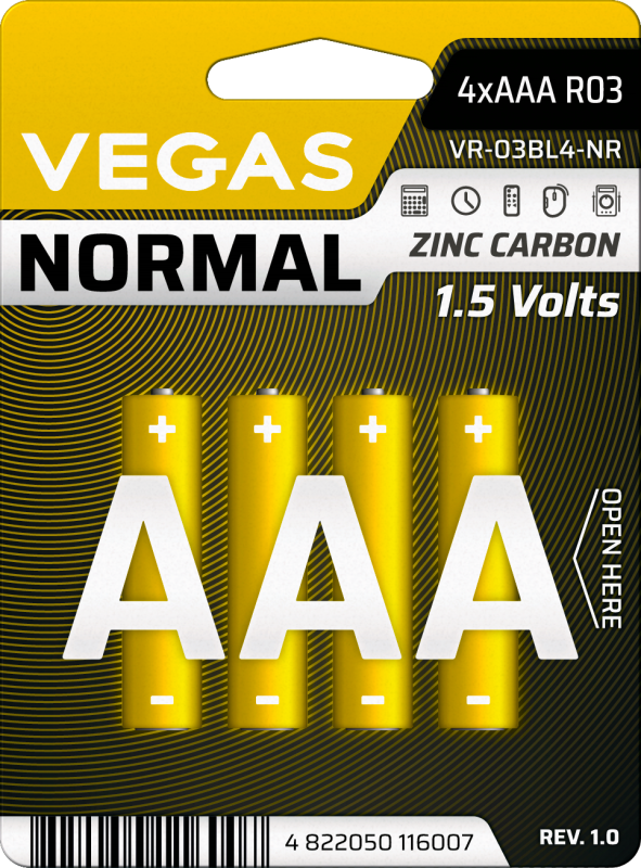 Батарейка VEGAS NORMAL ААA блістер 4шт. Zinc-Carbon