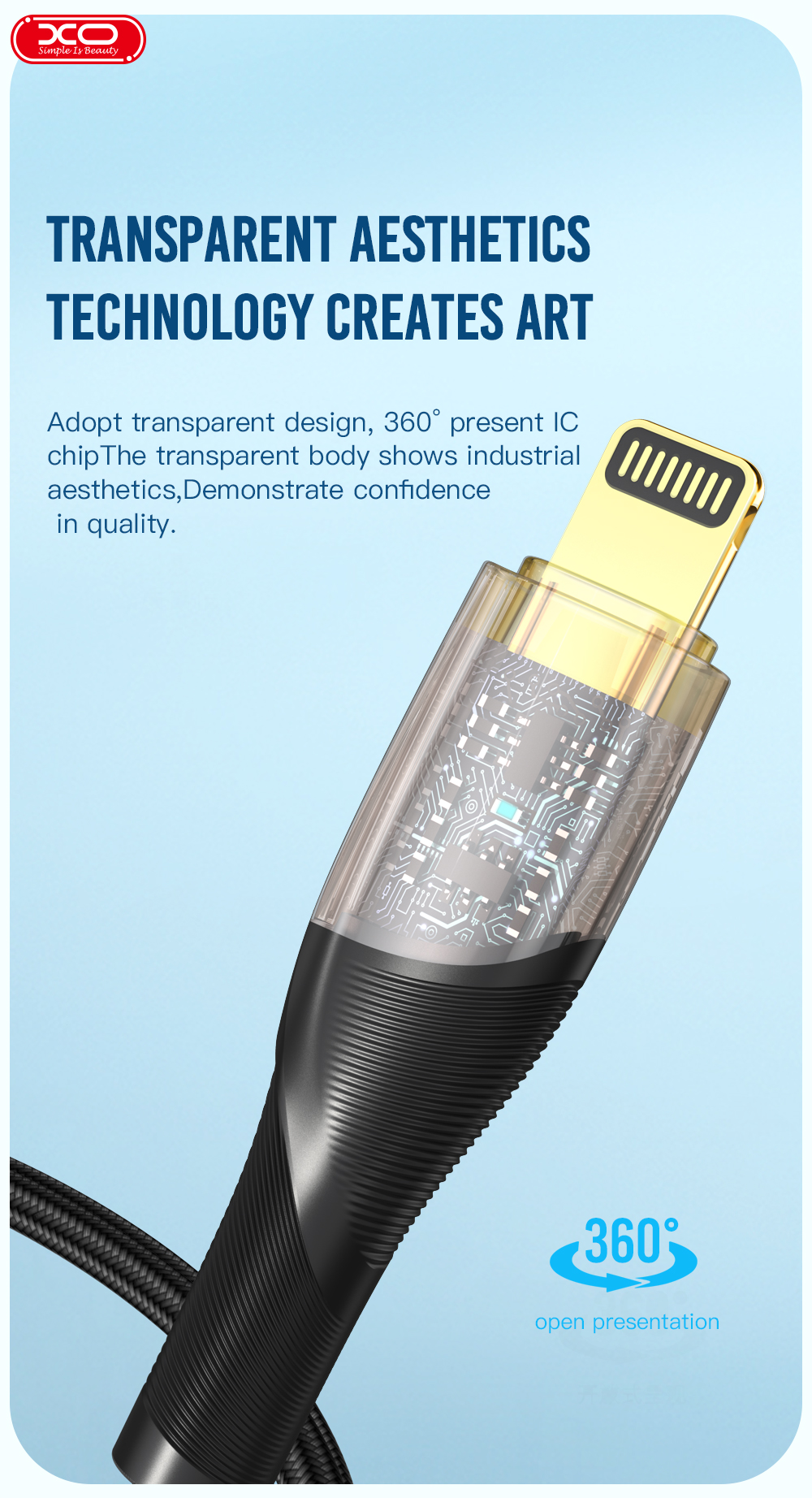 Кабель XO NB-Q223B USB-C USB-C Чорний має прозорий корпус через який видно його технологічну неперевершеність