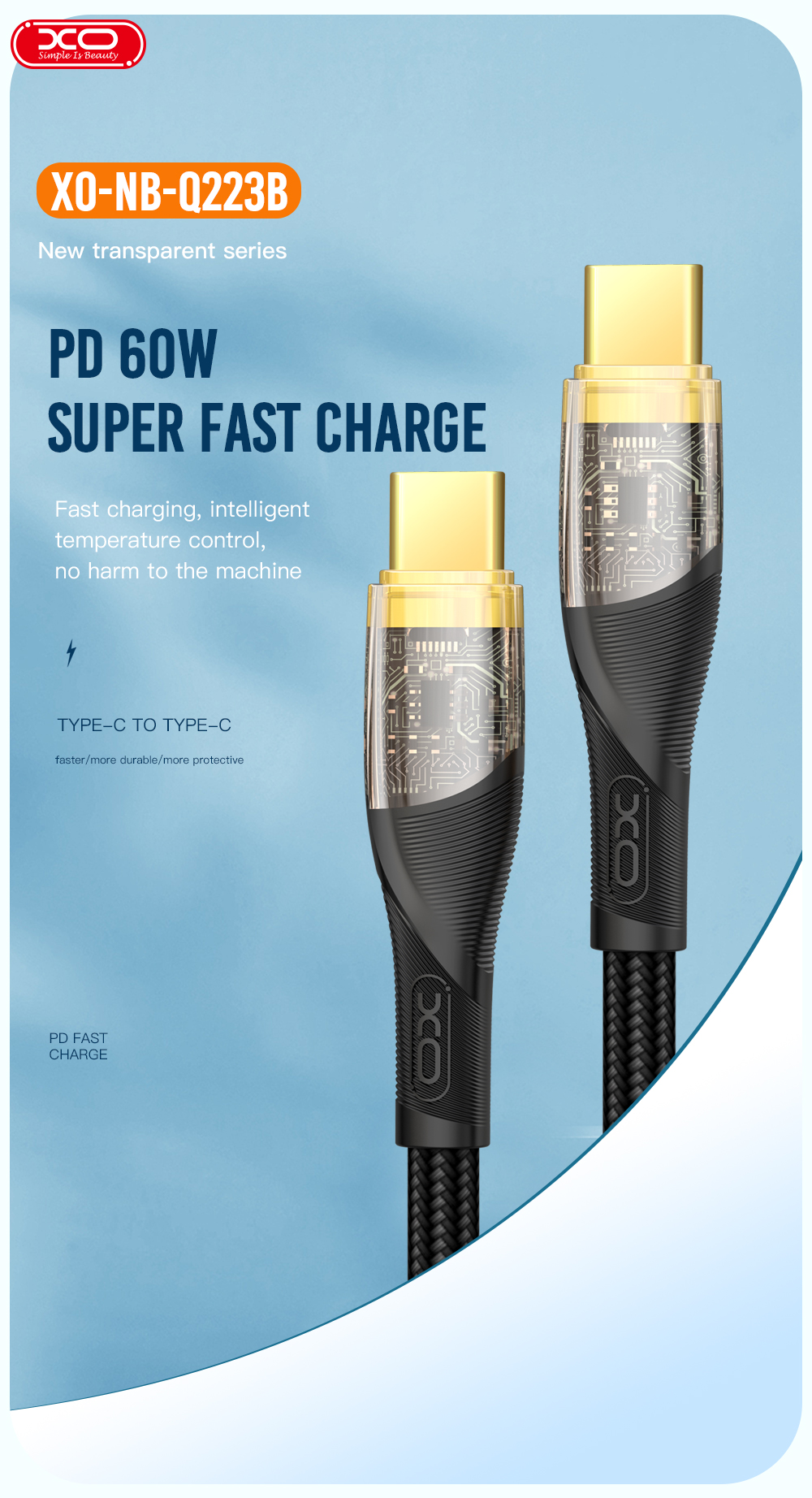 Кабель XO NB-Q223B USB-C USB-C Чорний має високу пропускну потужність в 60 Вт
